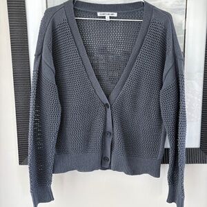 Elizabeth and James Medium Gray Blue Open Knit Button Front Cardigan Sweater